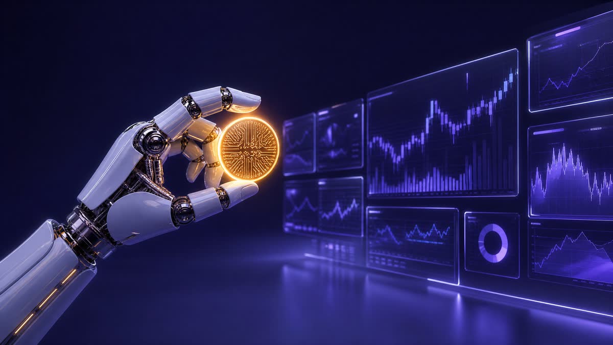 Robotic arm holding a digital coin in front of a wall of trading charts
