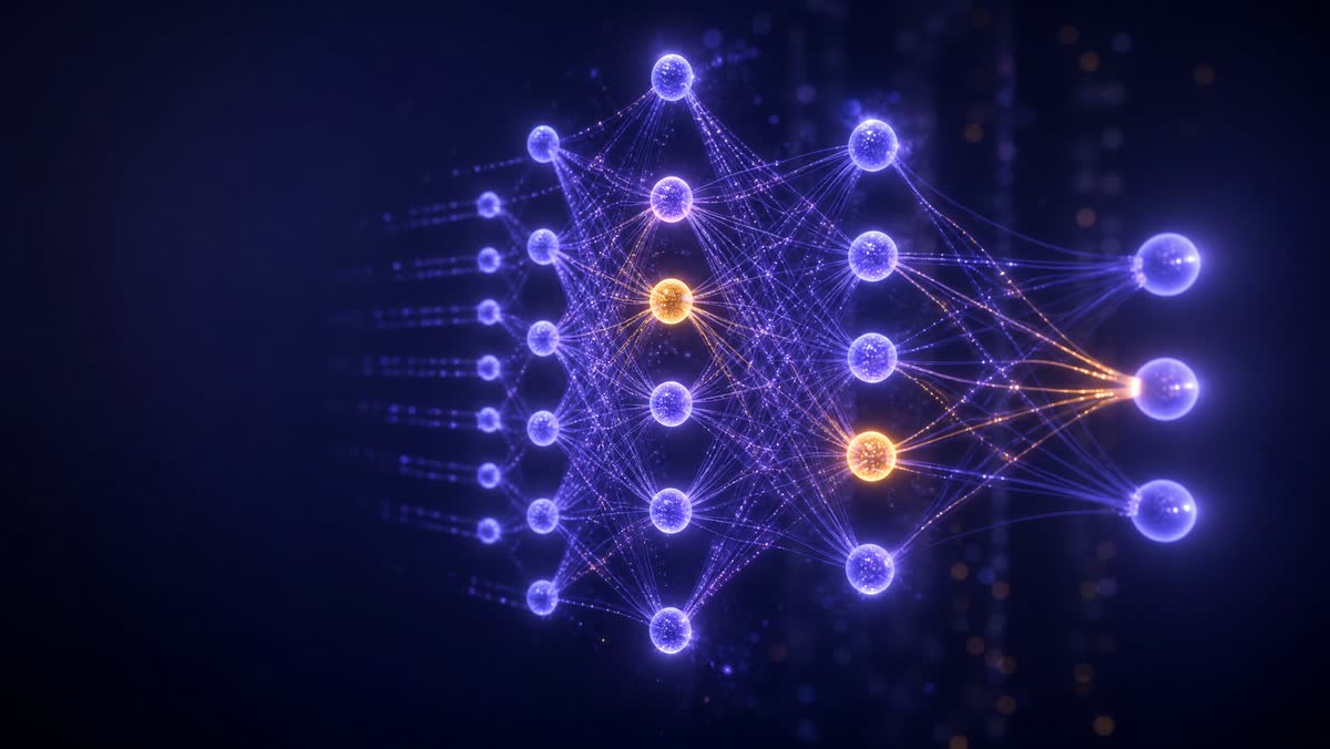 Neural network of glowing nodes representing a machine-learning trading model
