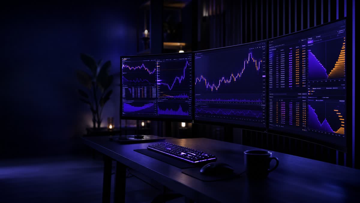 Trading workstation with screens showing cryptocurrency charts